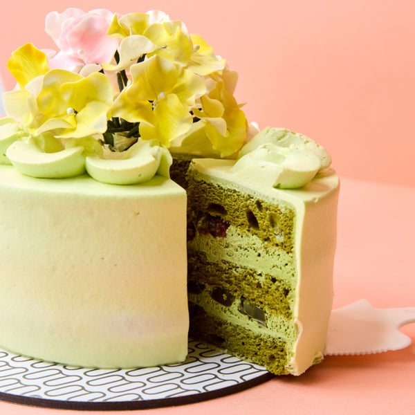 Matcha Red Bean Cream Cake with Flowers