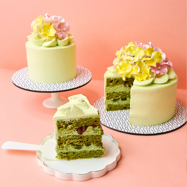 Matcha Red Bean Cream Cake with Flowers